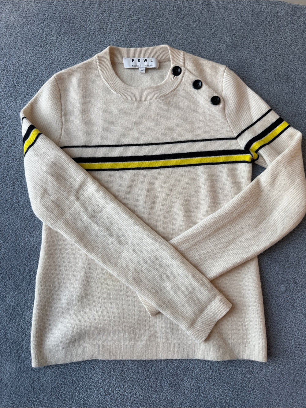 Proenza Schouler Cream Crewneck Sweater with Black and Yellow Stripes